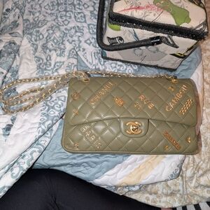 Designer Inspired Green and Gold Quilted Clutch